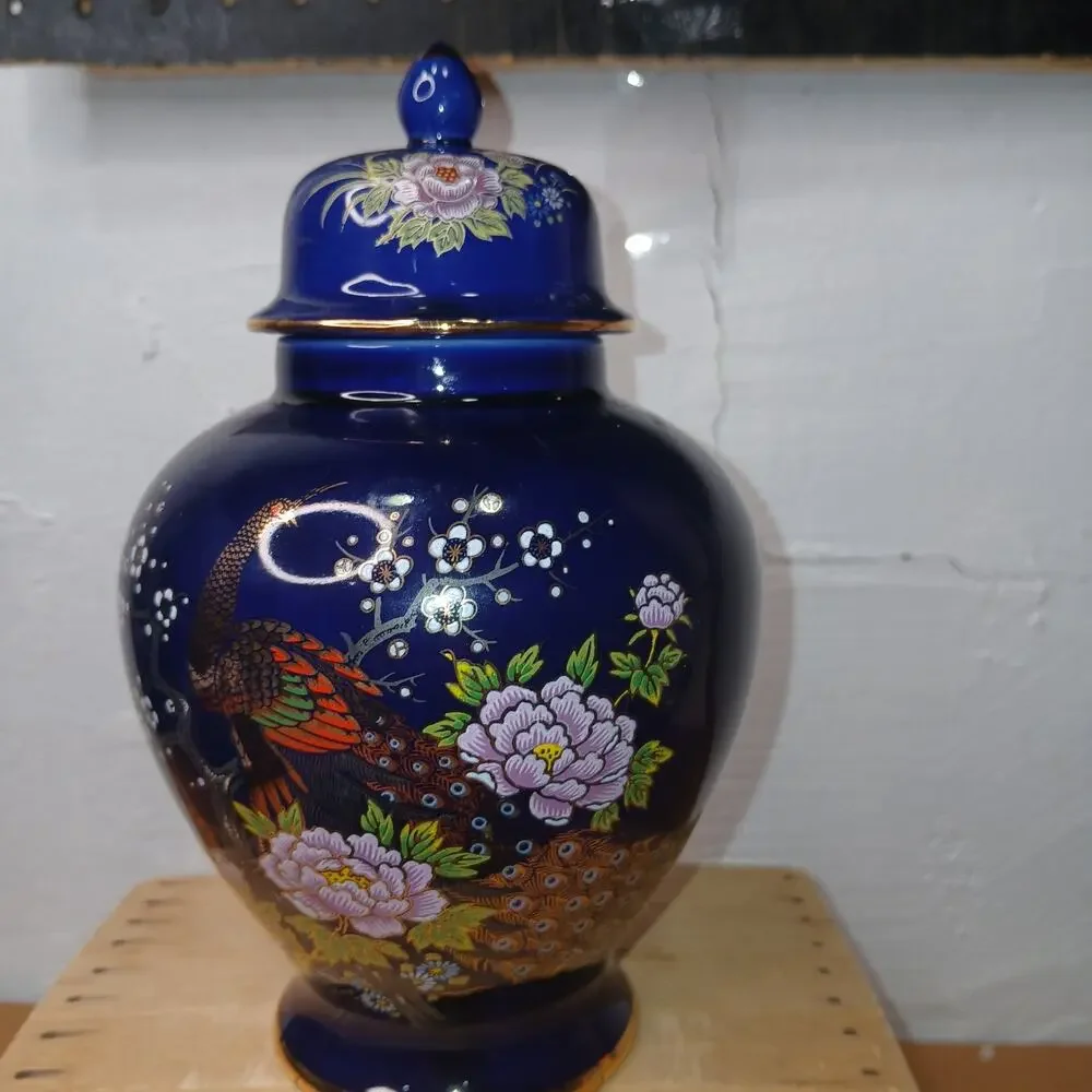 3 Cobalt Blue Vase Ginger Jar with Lid Floral Peacock Asian Decor Accent #54